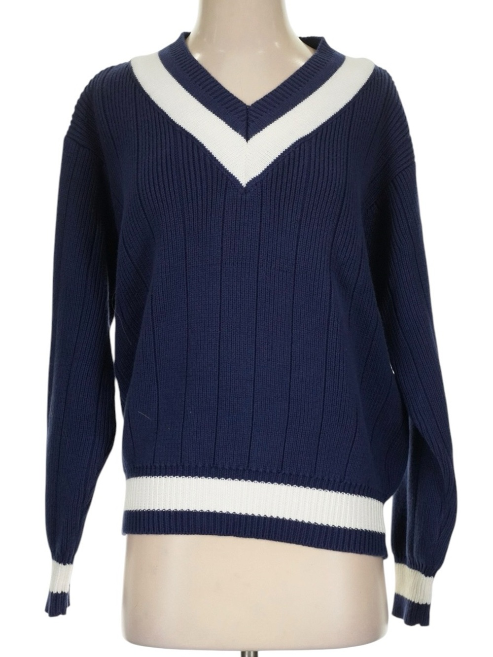 J. Crew Tennis Prep V-Neck Ribbed Sweater with White Trim S Navy Preppy Nautical